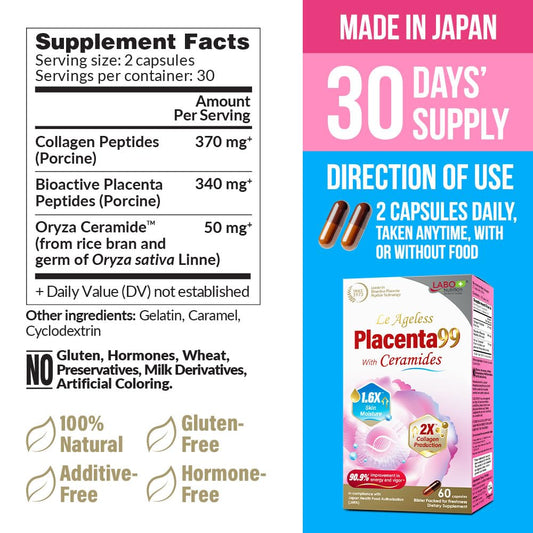 LABO Nutrition Le Ageless Placenta 99 label close-up highlighting premium formula