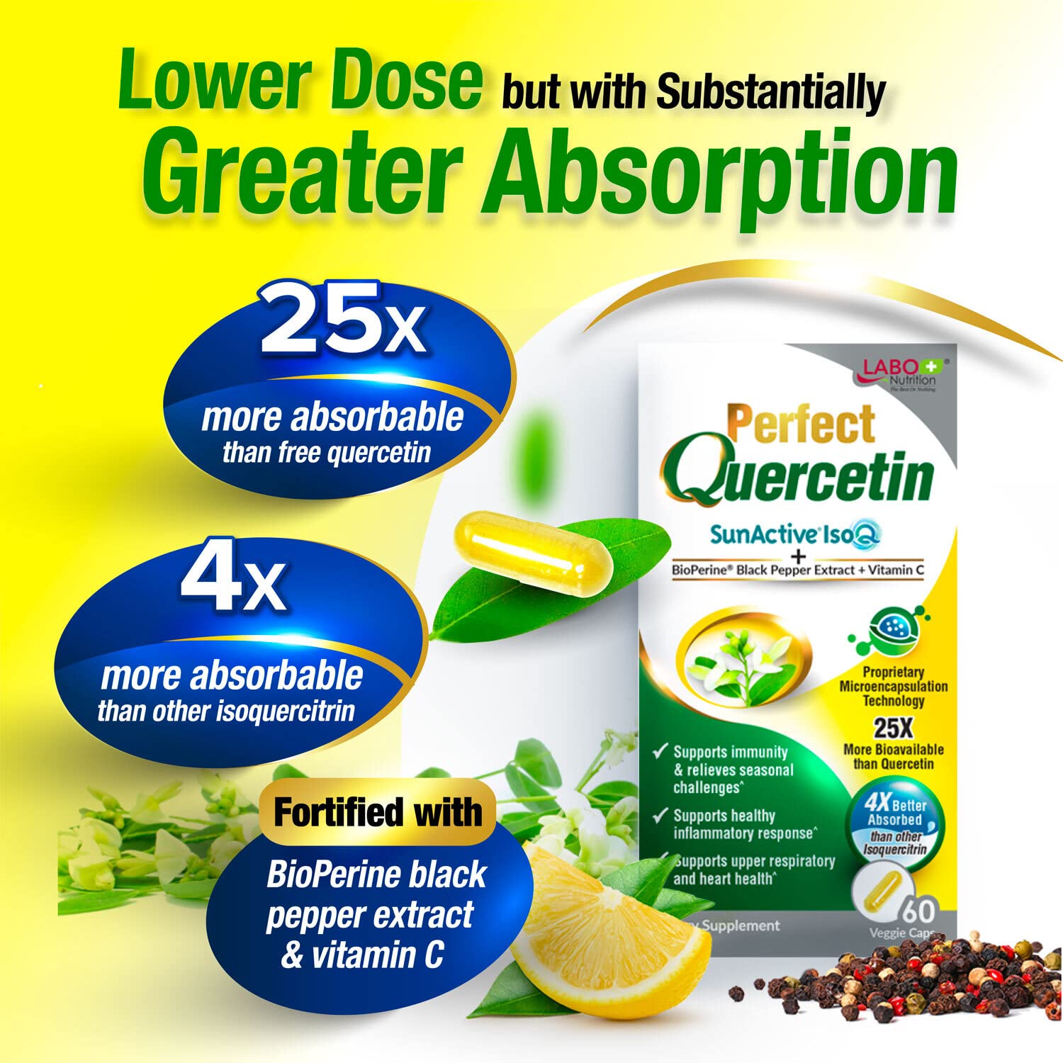 LABO Nutrition Perfect Quercetin SunActive IsoQ capsules closeup shows high bioavailability