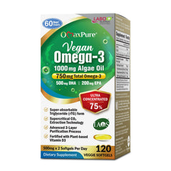 LABO Nutrition vegan omega-3 algae oil bottle showing heart and brain support potential.