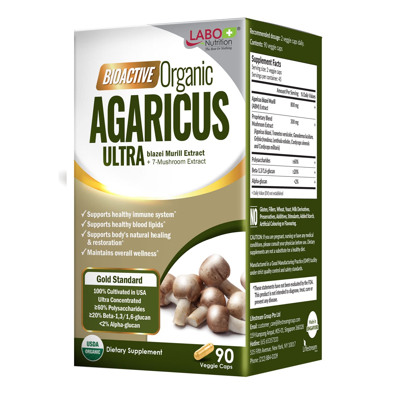 LABO Nutrition Bioactive Organic Agaricus Ultra bottle front for daily wellness