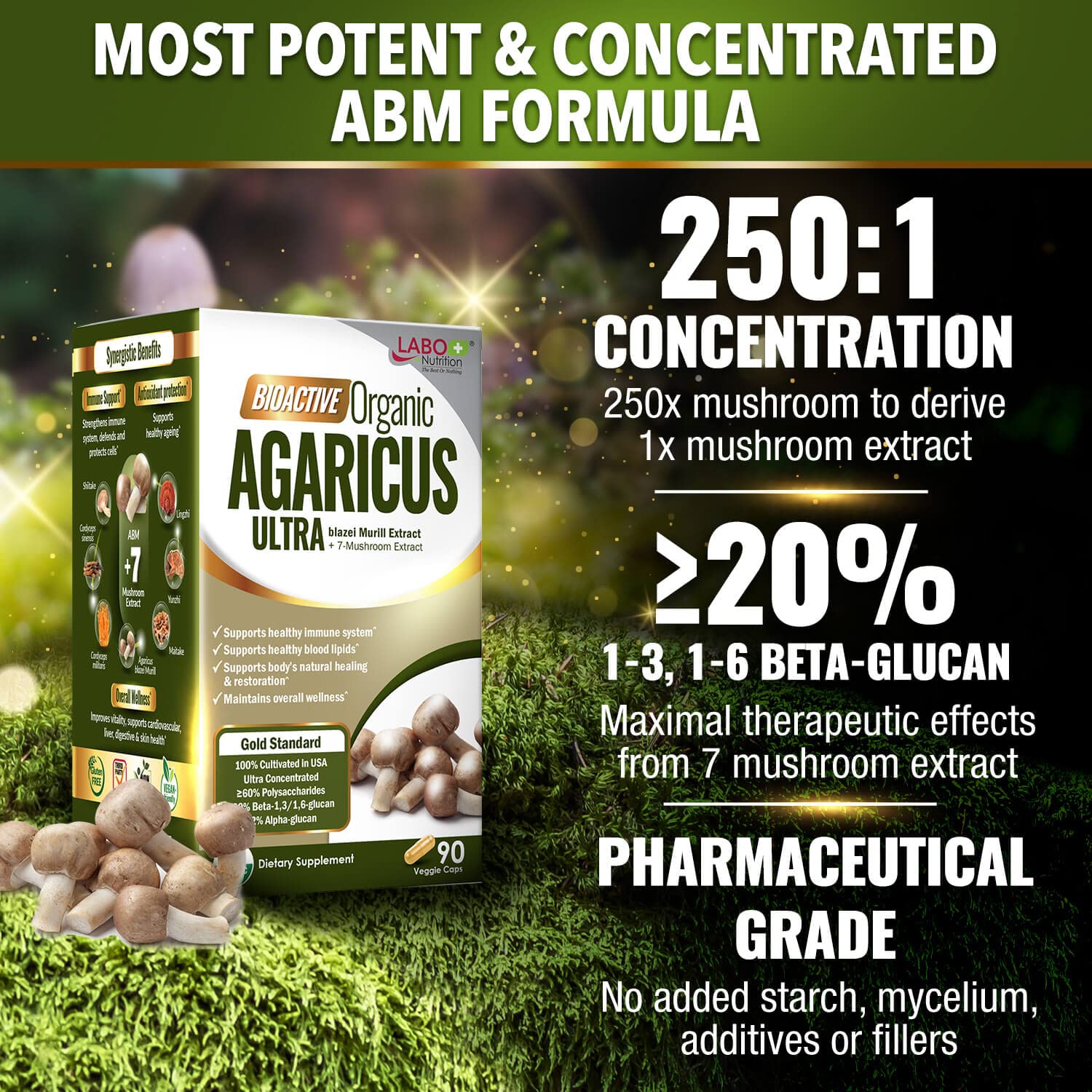 LABO Nutrition Bioactive Organic Agaricus Ultra capsules close-up for convenient daily use