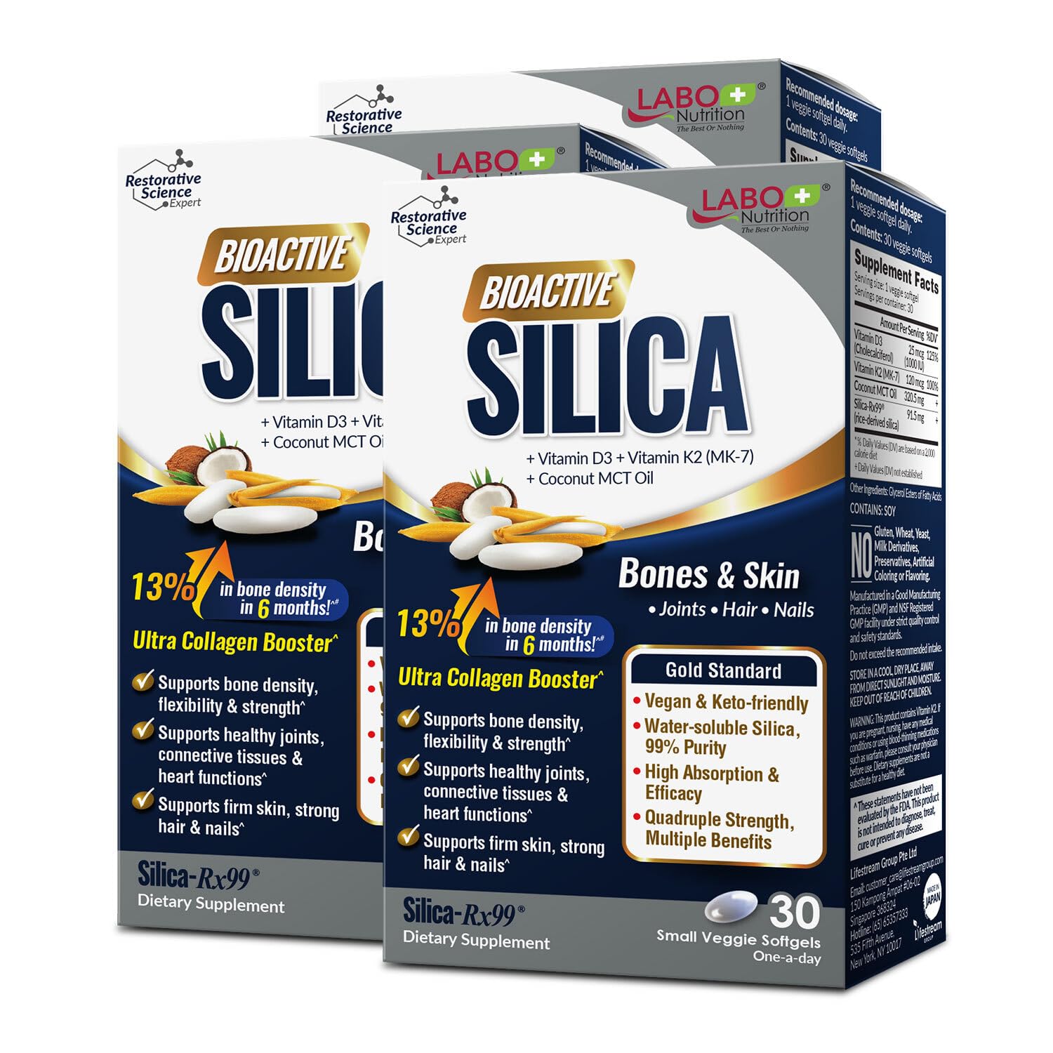 LABO Nutrition Bioactive Silica bottle front for hair, skin, and nails support.