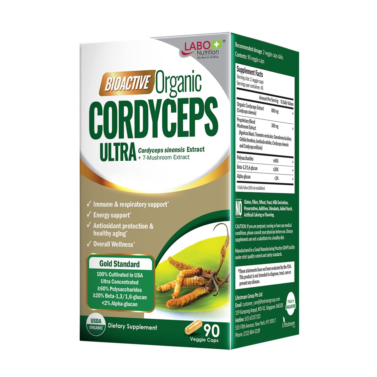 LABO Nutrition Cordyceps Ultra bottle pour highlights potent mushroom blend for daily energy.