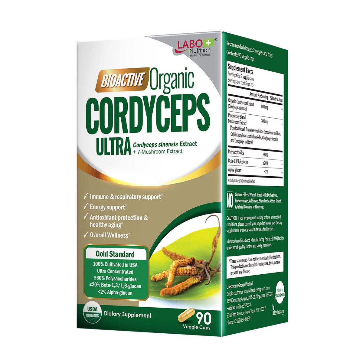 LABO Nutrition Cordyceps Ultra bottle pour highlights potent mushroom blend for daily energy.