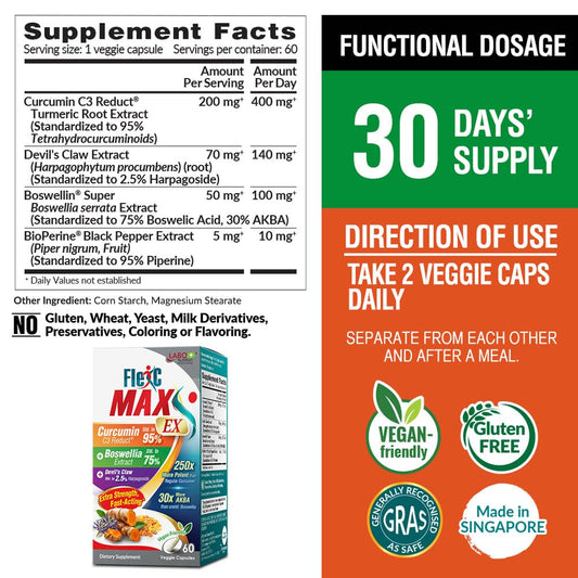 LABO Nutrition FlexC MAX EX back label detailing Curcumin C3 Reduct and Bioperine