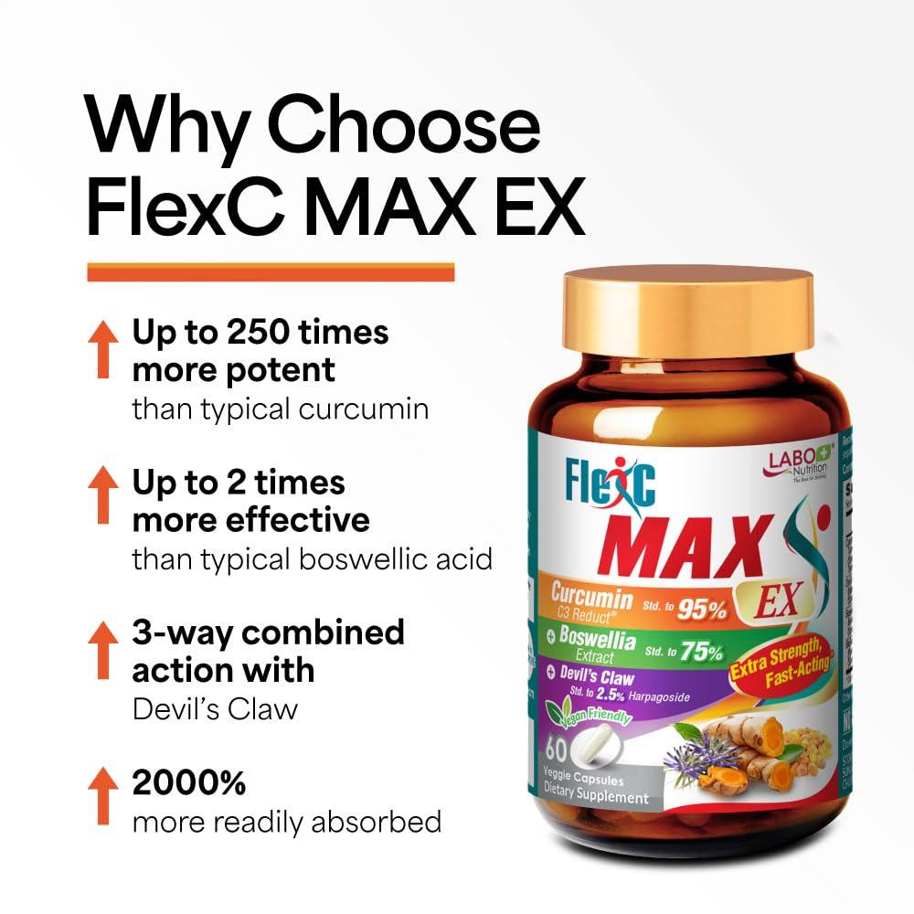 LABO Nutrition FlexC MAX EX capsules closeup emphasizing Boswellia and Devil’s Claw