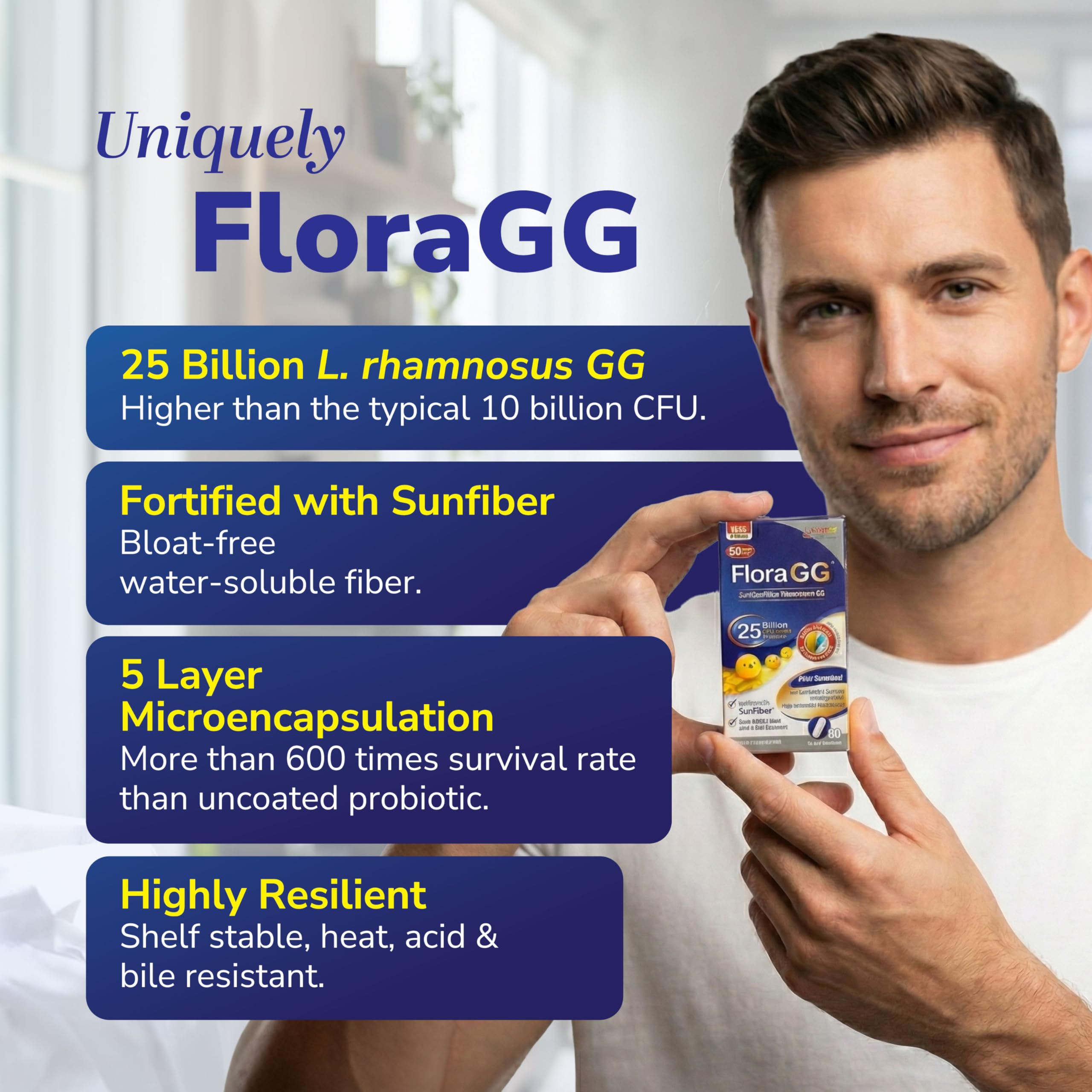 Diagram of FloraGG's 5-layer microencapsulation protecting probiotics through digestion.