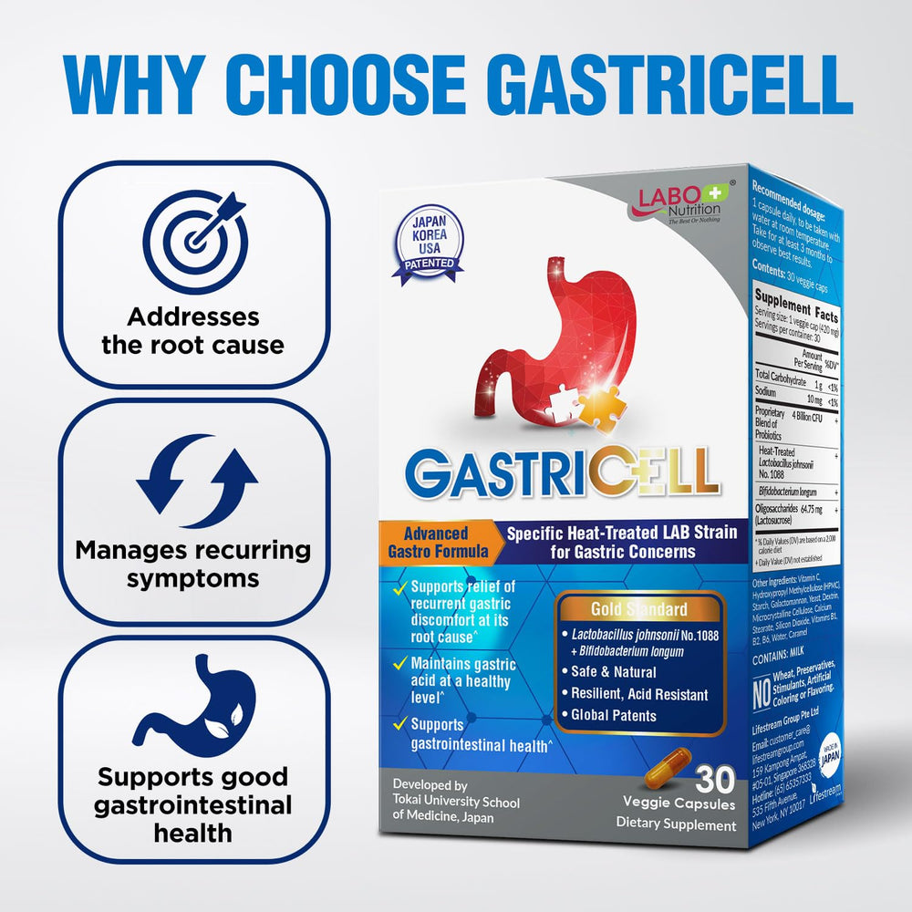 LABO Nutrition GASTRICELL Bifidobacterium longum highlight for gut flora balance.