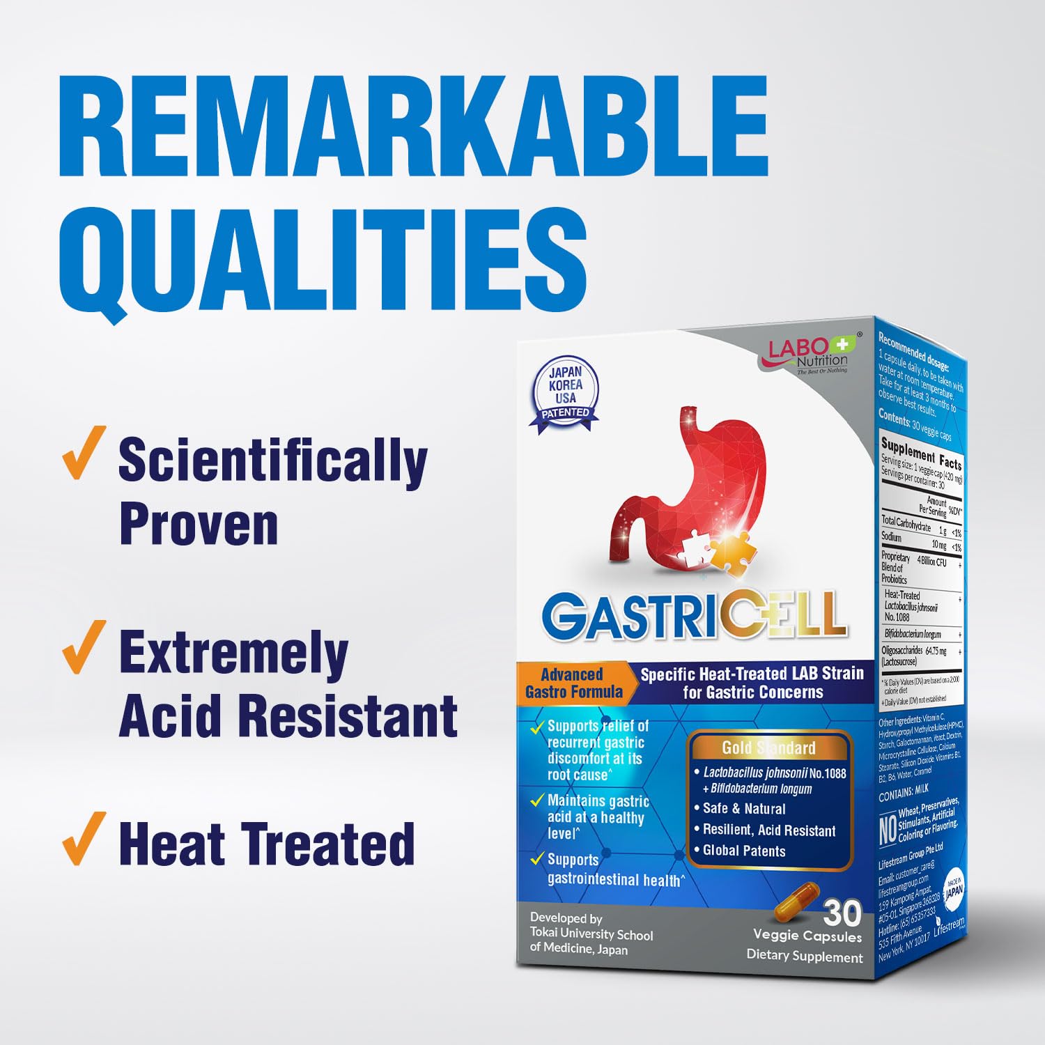 LABO Nutrition GASTRICELL label close-up with ingredients emphasis and quality stamp.
