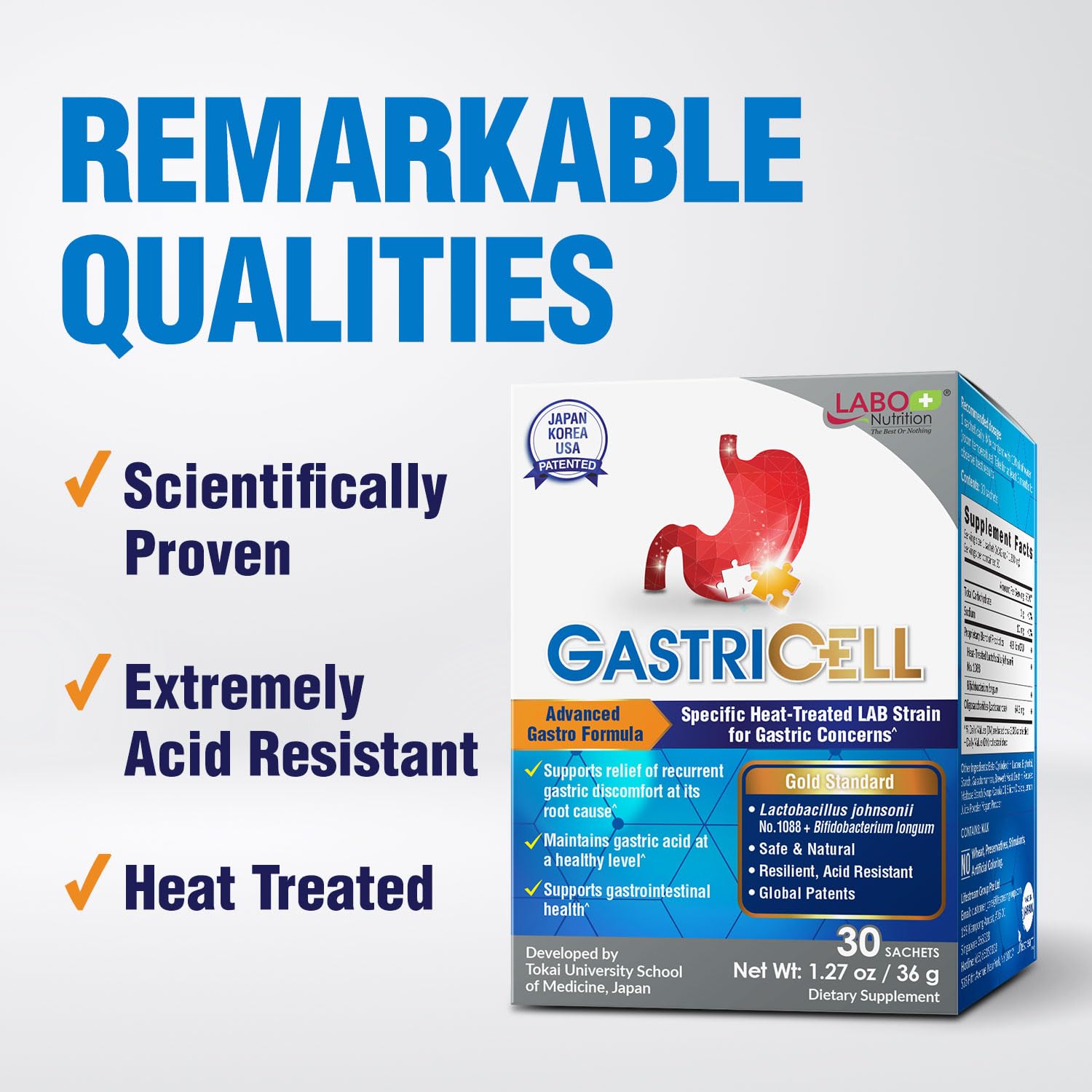 LABO Nutrition GASTRICELL label close-up showing patented strain.