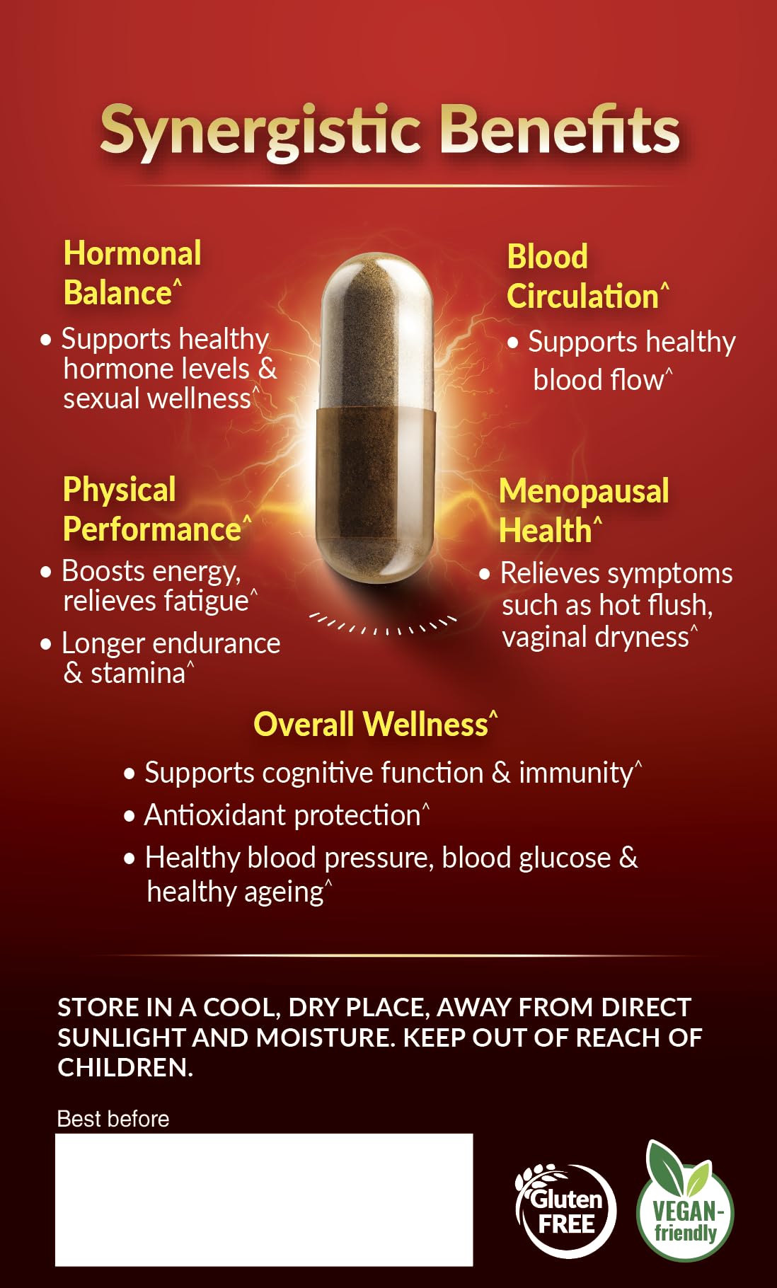 MacaMaxima bottle-label close-up features standardized maca and zinc blends.