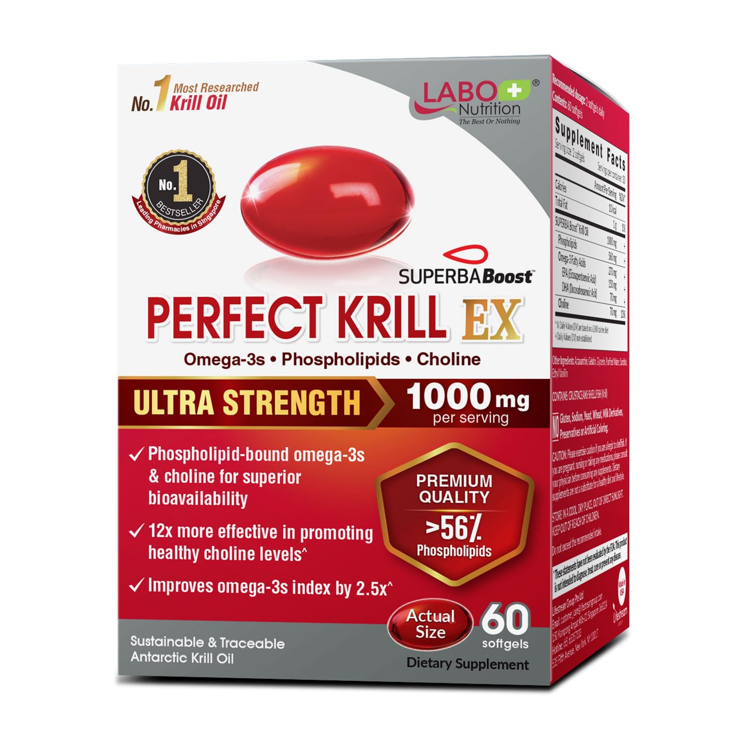LABO Nutrition Perfect Krill EX bottle on display highlighting premium krill oil for heart and brain support