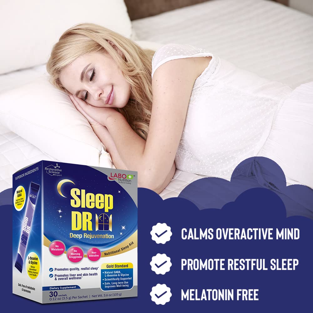 Sleep DR label close-up highlighting GABA, L-theanine, and glycine for calm evenings.