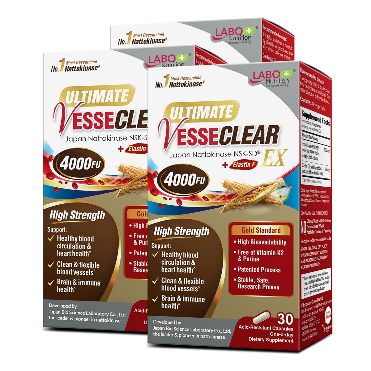LABO Nutrition Ultimate VesseCLEAR EX bottle showing 4000FU nattokinase for vascular support.