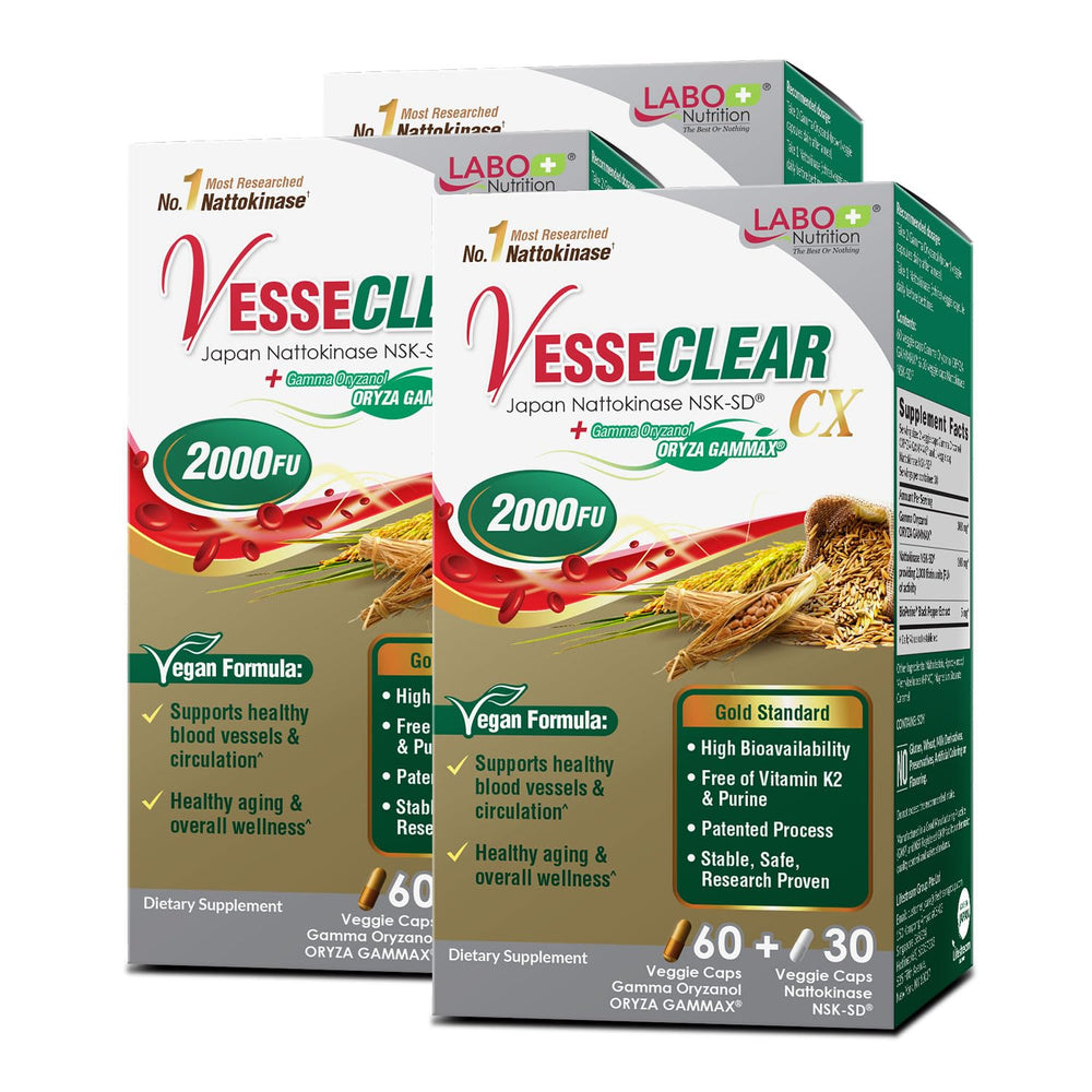 LABO Nutrition VesseCLEAR CX bottle showing nattokinase NSK-SD and gamma oryzanol.