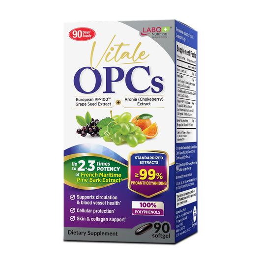 LABO Nutrition Vitale OPCs bottle highlighting European grape seed extract for antioxidant support.