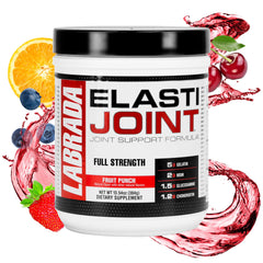 Labrada Elastijoint label on fruit punch tub highlighting gluten-free joint support.