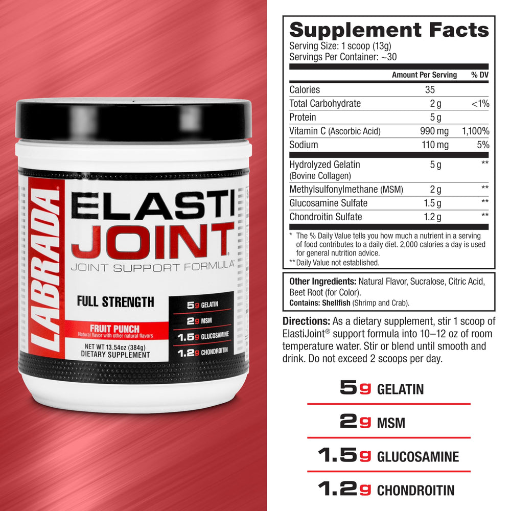 Labrada Elastijoint packaging and nutrition panel emphasizing allergen-free claim.