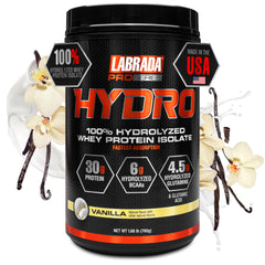 Labrada Hydro isolate tub with clear label signaling pure, fast-absorbing protein.