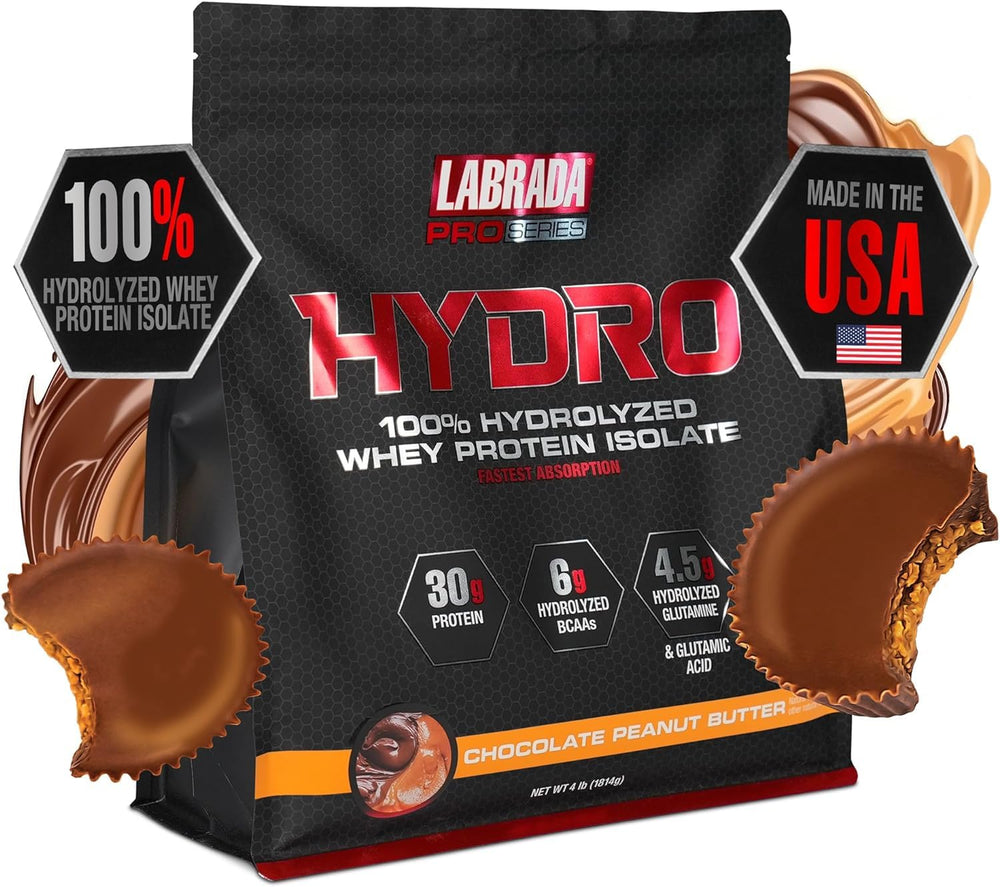 LABRADA Hydro 100% Pure Whey Isolate tub showcasing lactose-free formula.