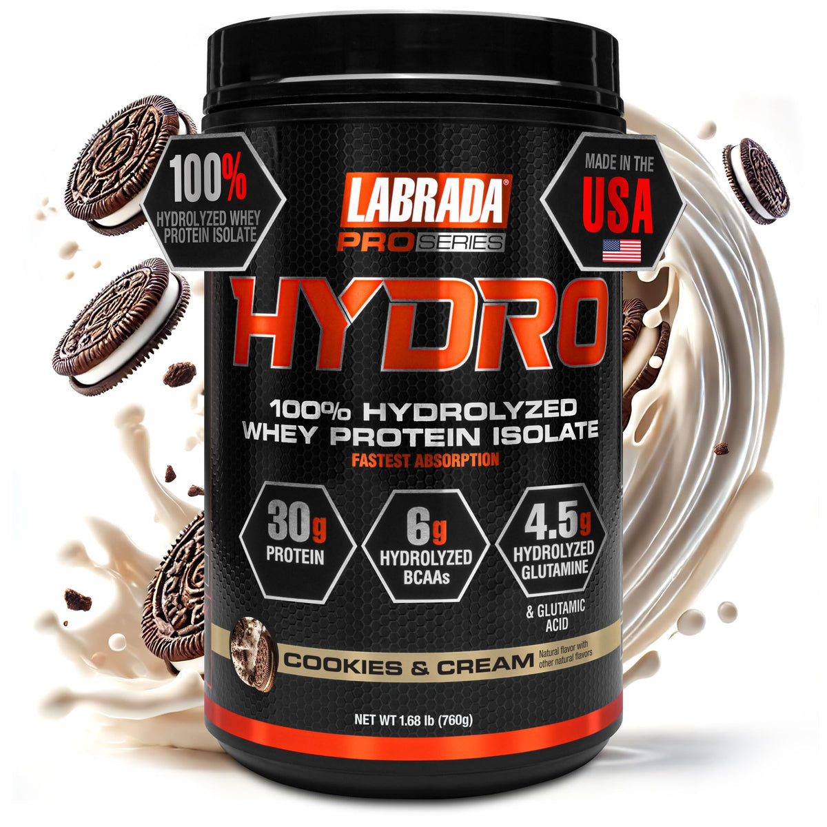 Labrada Hydro whey isolate bottle pour showing fast-absorption post-workout use