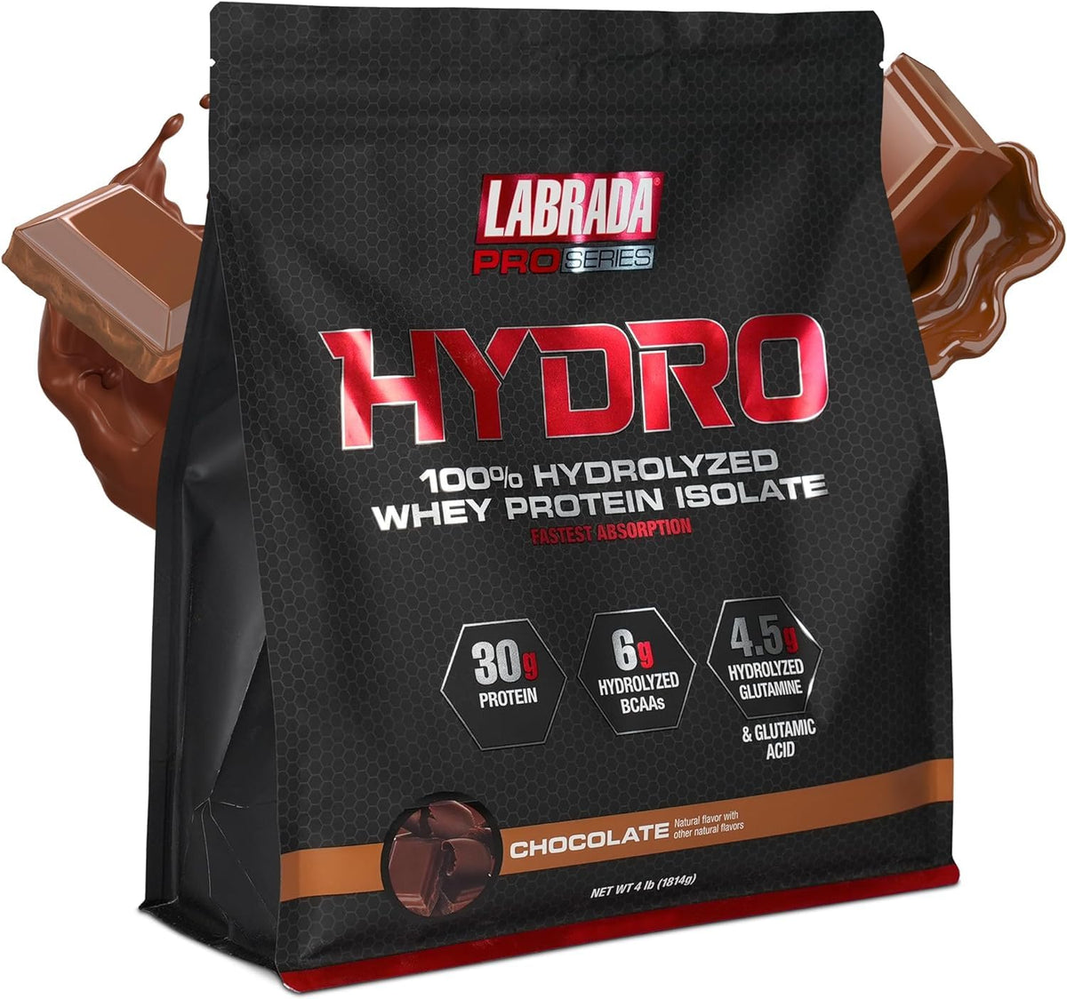 LABRADA Hydro chocolate bottle shows 100% hydrolyzed whey isolate for quick digestion