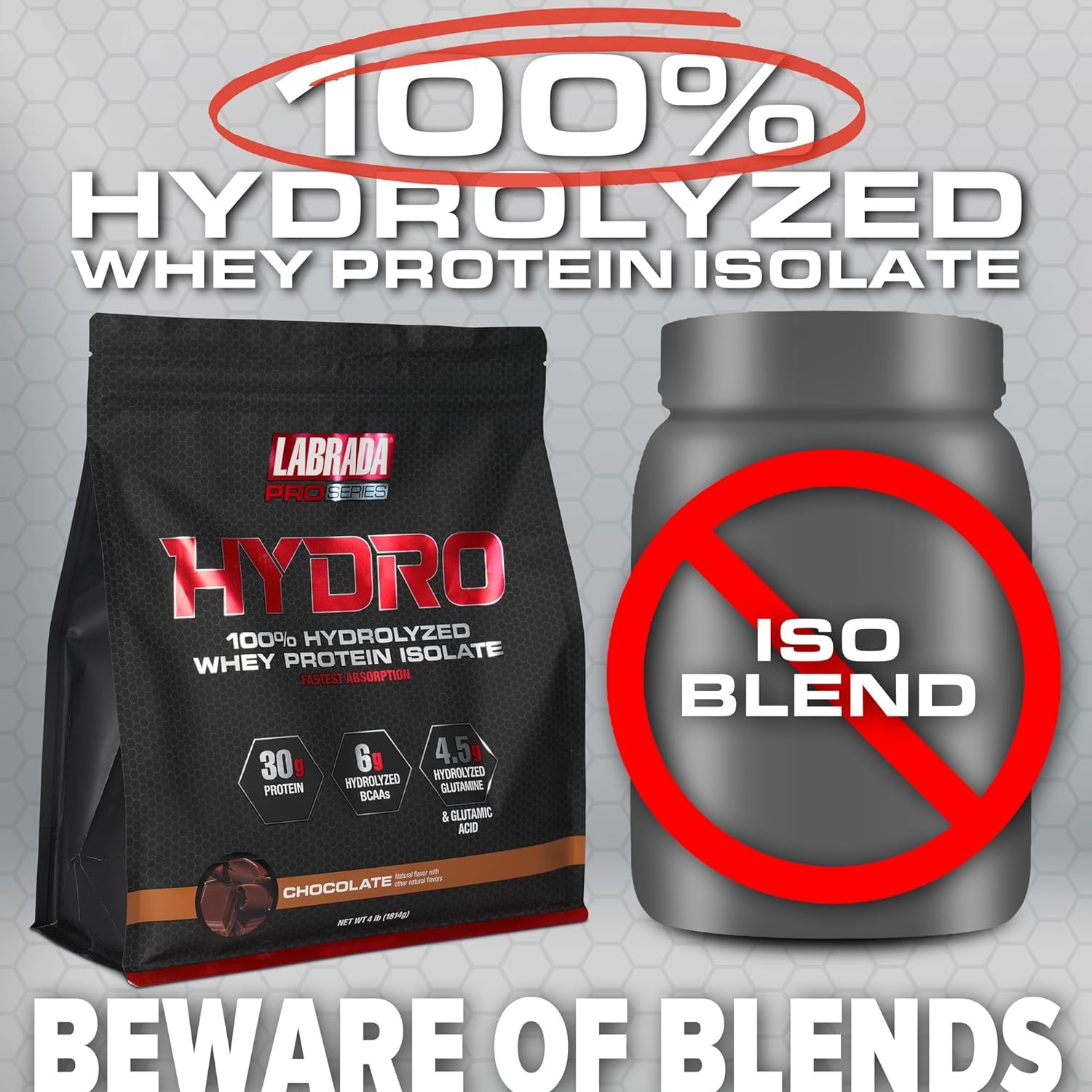 LABRADA Hydro ingredients label shows 30 g protein per serving