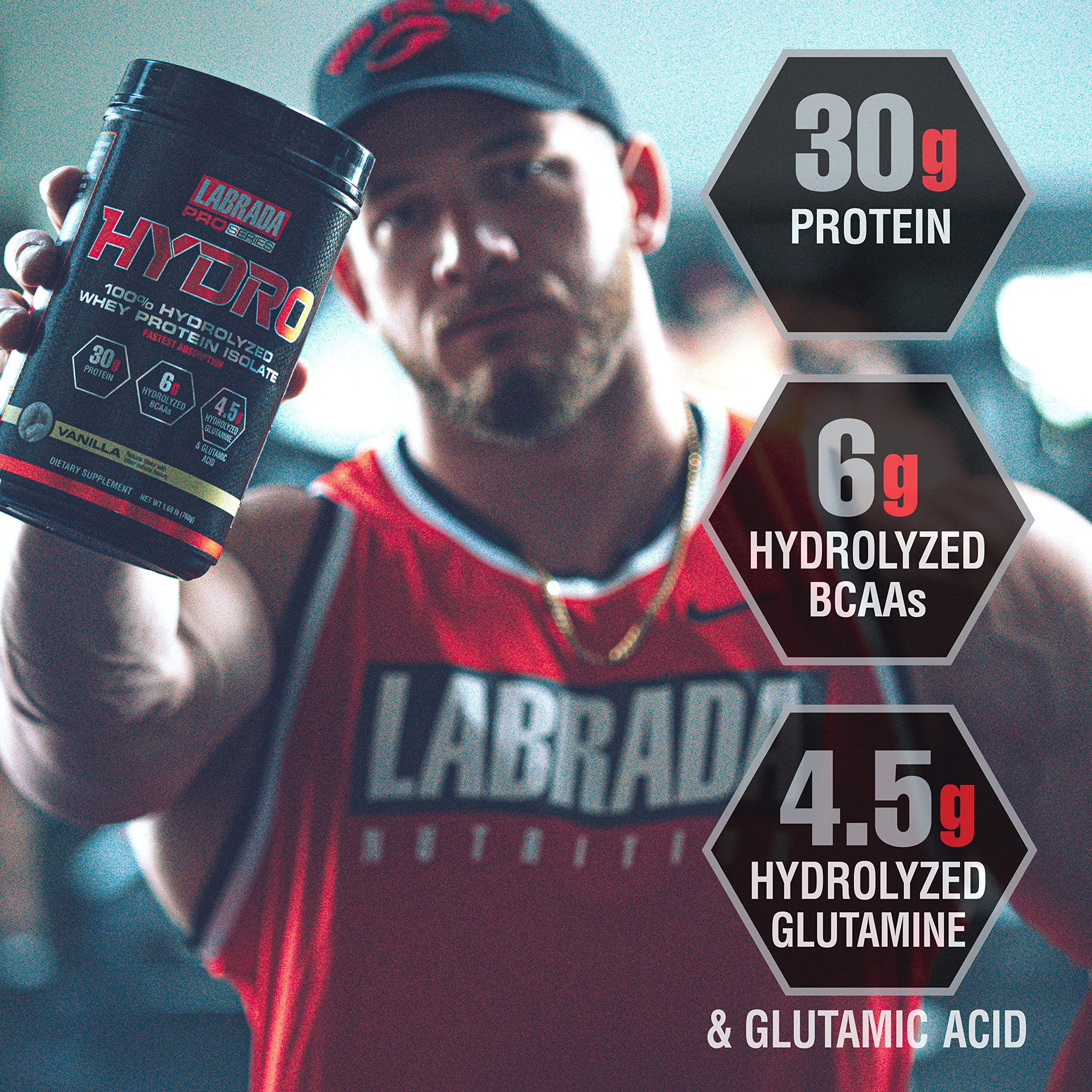 Labrada Hydro ingredients panel highlighting lactose-free, gluten-free formula.