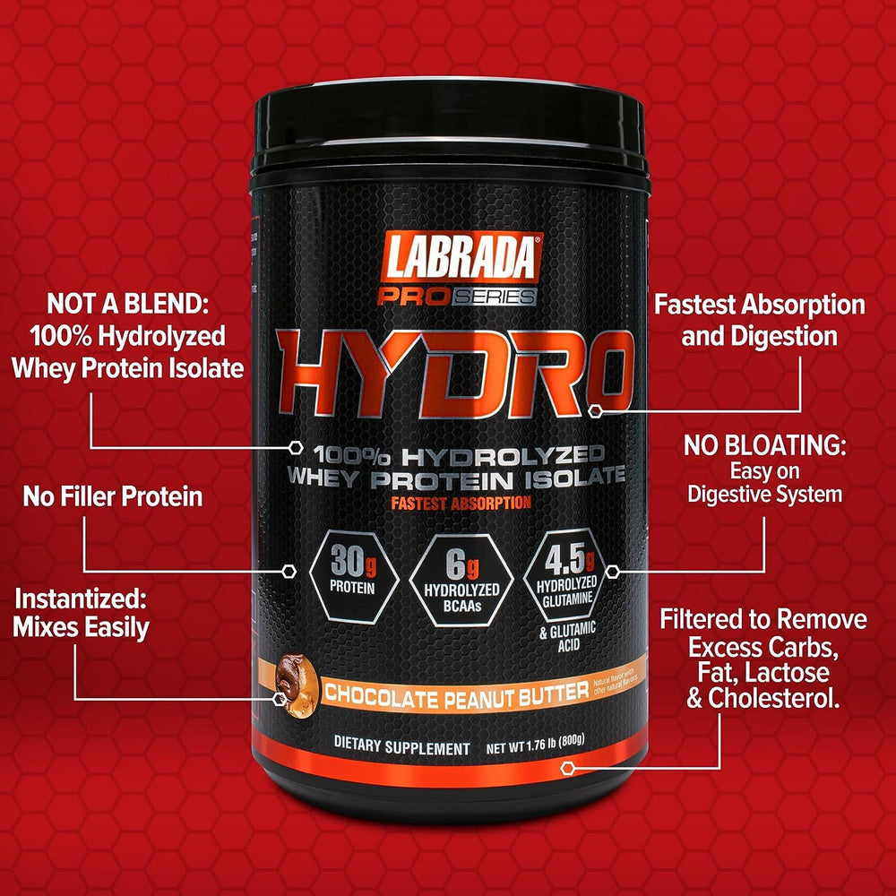 LABRADA Hydro label close-up showing 30 g protein, 6 g BCAAs, 4.5 g glutamine.