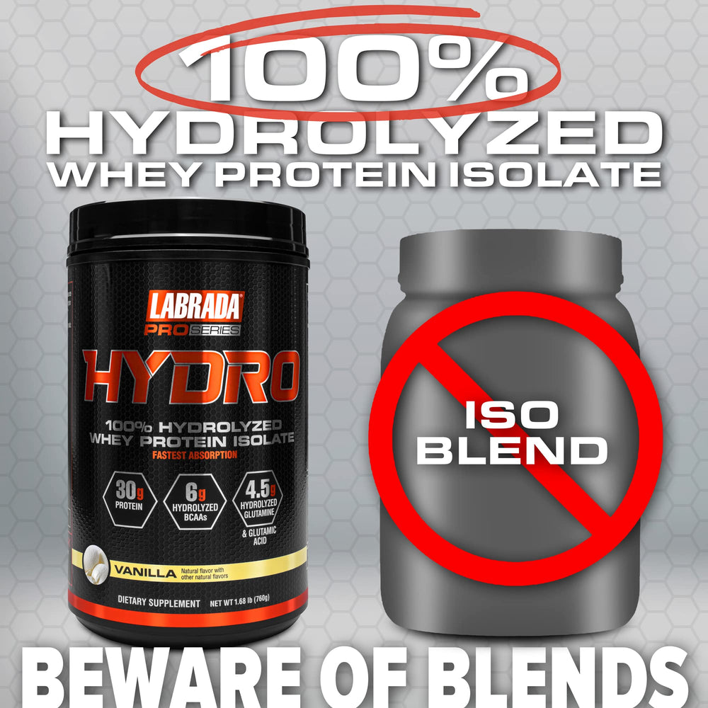 Labrada Hydro nutrition panel shows 30 g protein and BCAAs per serving.