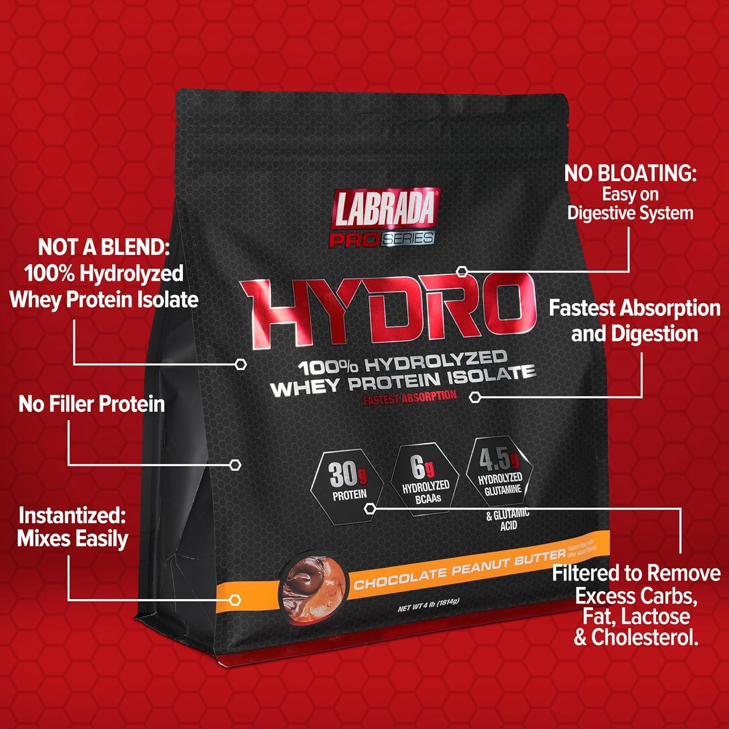 LABRADA Hydro peanut butter flavor powder on kitchen counter.