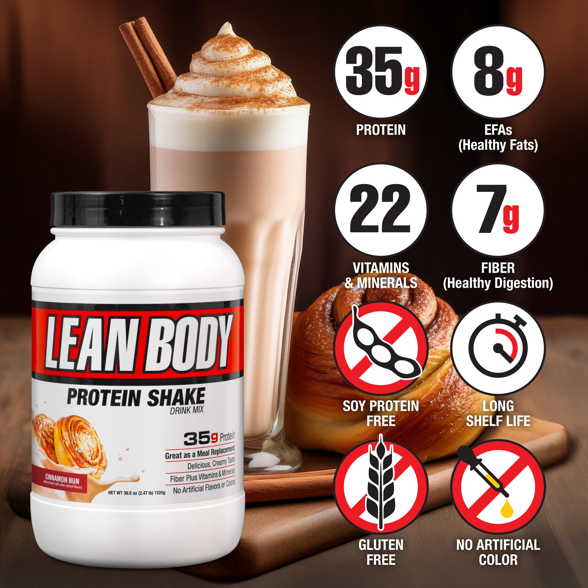 Labrada Lean Body shake poured into a glass for post-workout fueling in Cinnamon Bun flavor