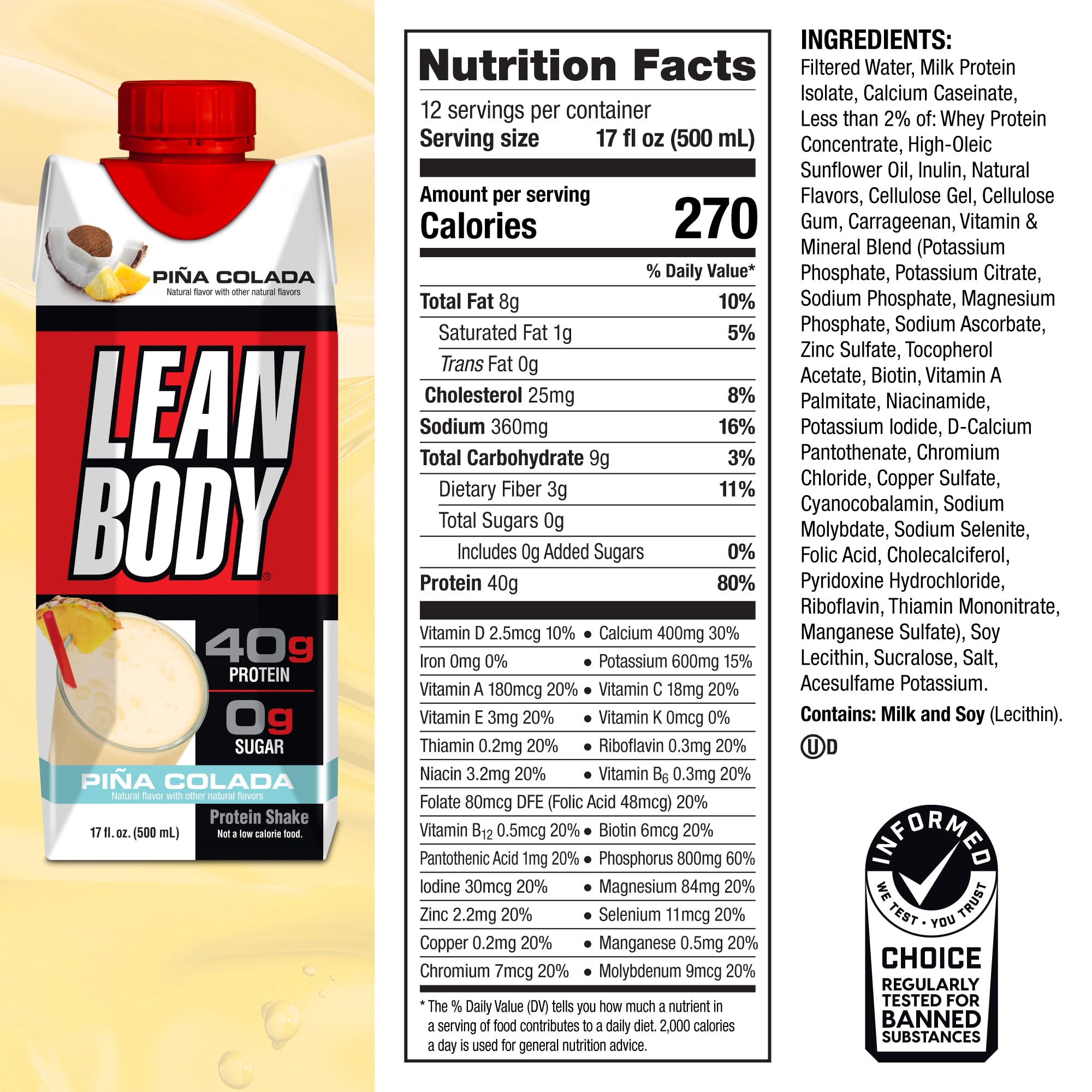 Ingredients hint at whey blend and milk-based protein in Labrada Pina Colada