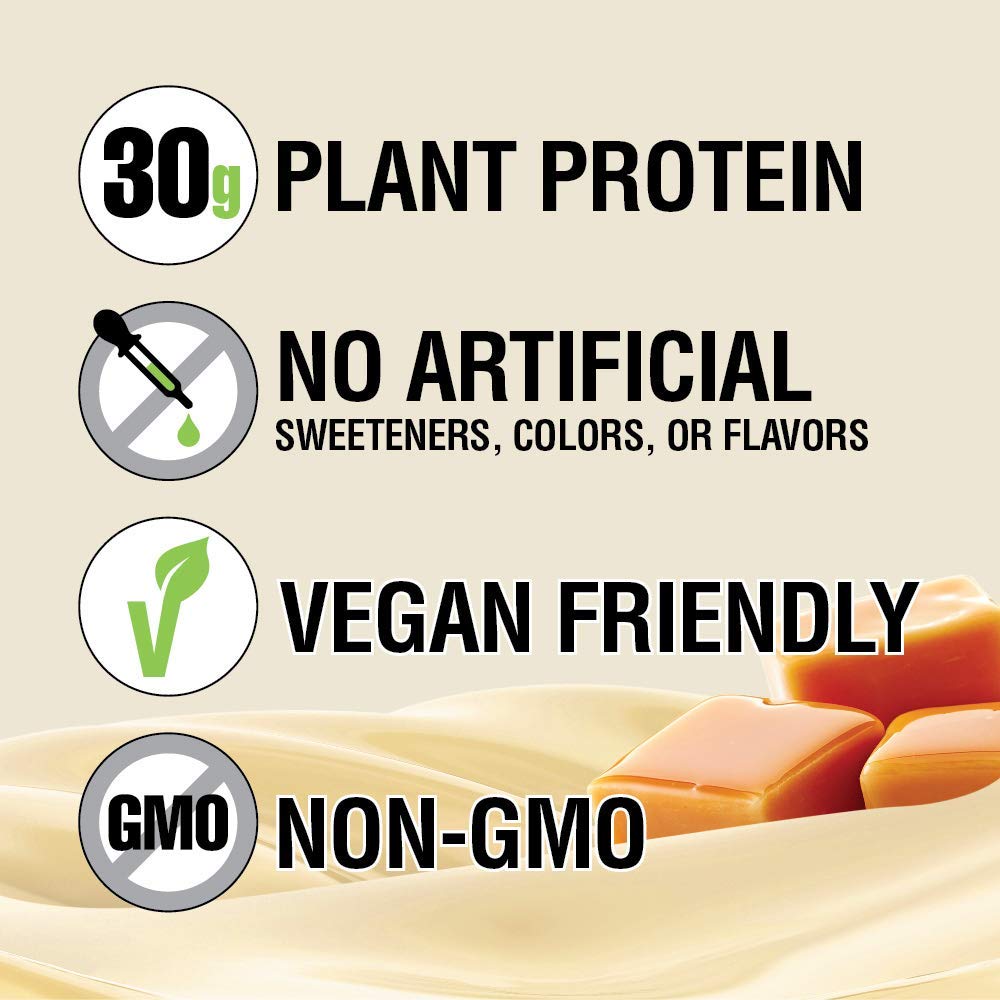 Labrada Lean Body vanilla caramel shake in glass highlighting premium vegan protein