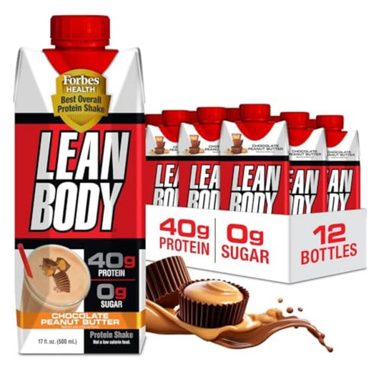 Labrada Lean Body RTD bottle pour, creamy chocolate peanut butter flavor for post-workout recovery.