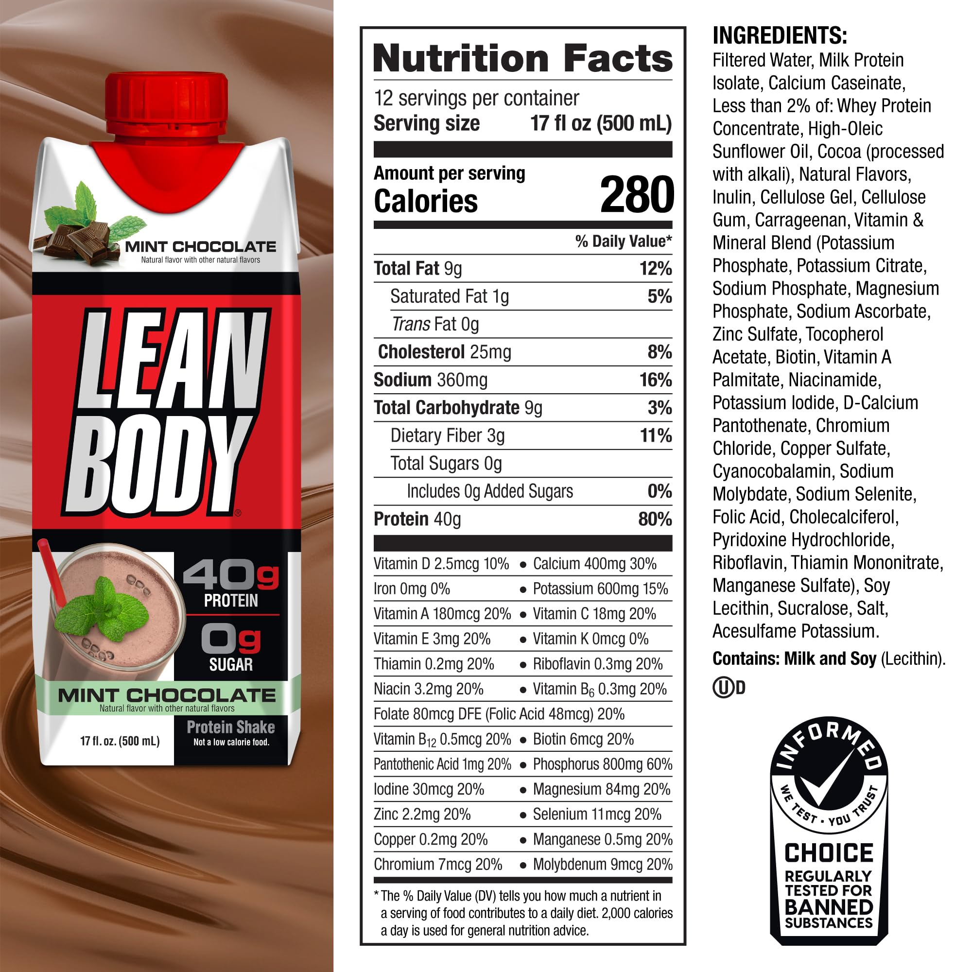 Labrada Lean Body RTD Mint Chocolate 12-pack for convenient multi-serve protein.