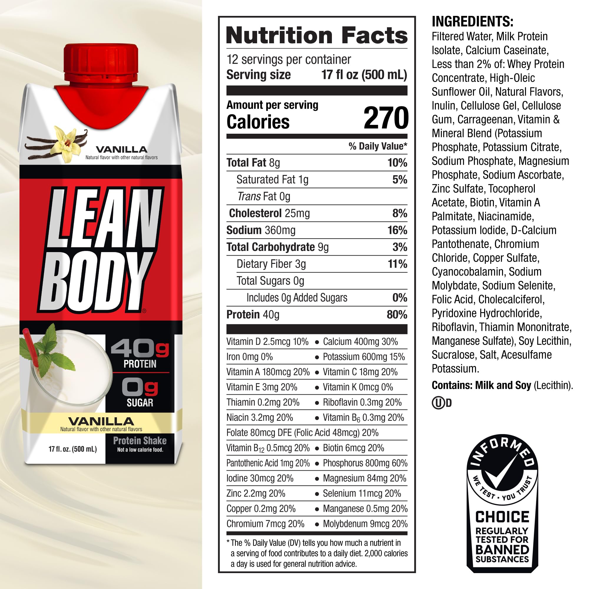 Labrada Lean Body RTD Vanilla ingredients label: 40g protein per serving.