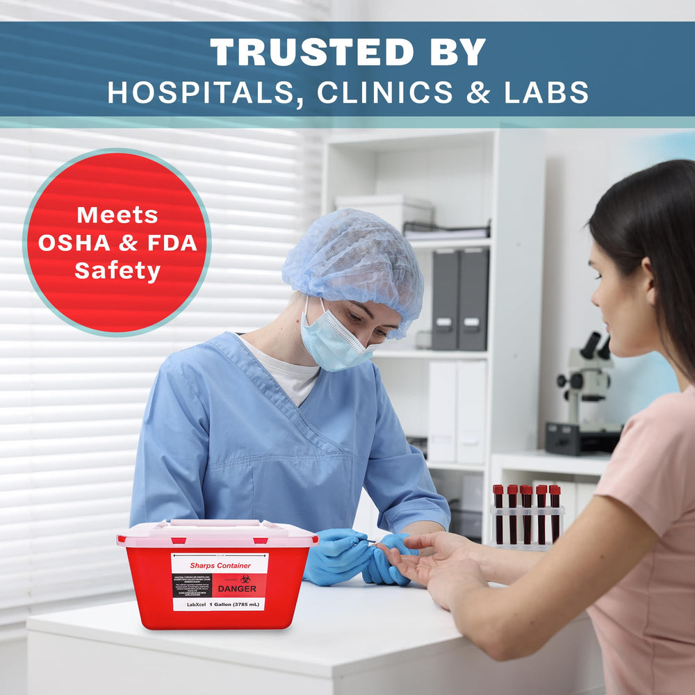 LabXcel red 1-gallon sharps container designed for visible waste containment.