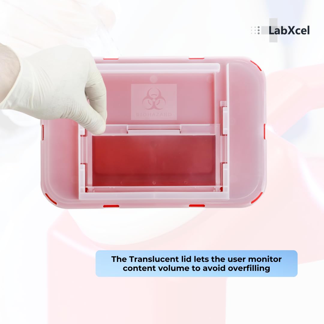 LabXcel Sharps Container 2-Gallon Pack secure-lock lid ensures safe disposal.