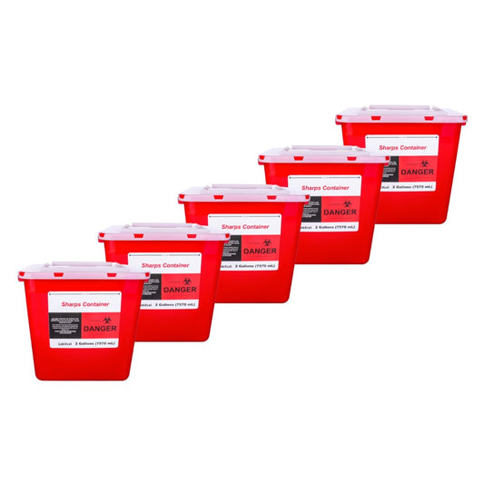 LabXcel Sharps Container 2 Gal packaging, ready for bulk use in professional settings.