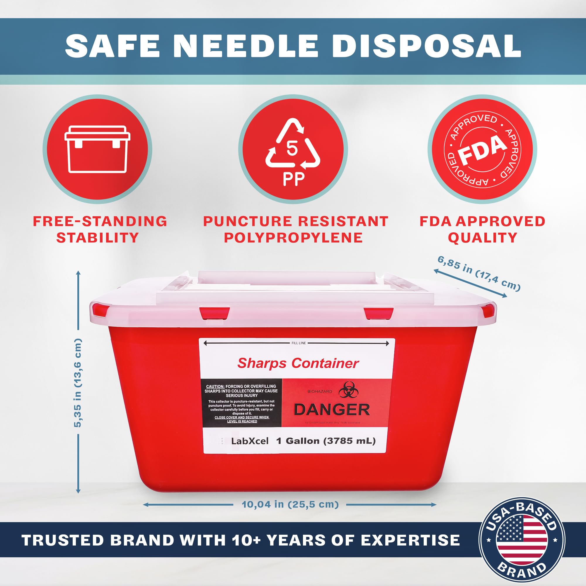 LabXcel sharps bin close-up showing built-in needle removal port for reduced handling.