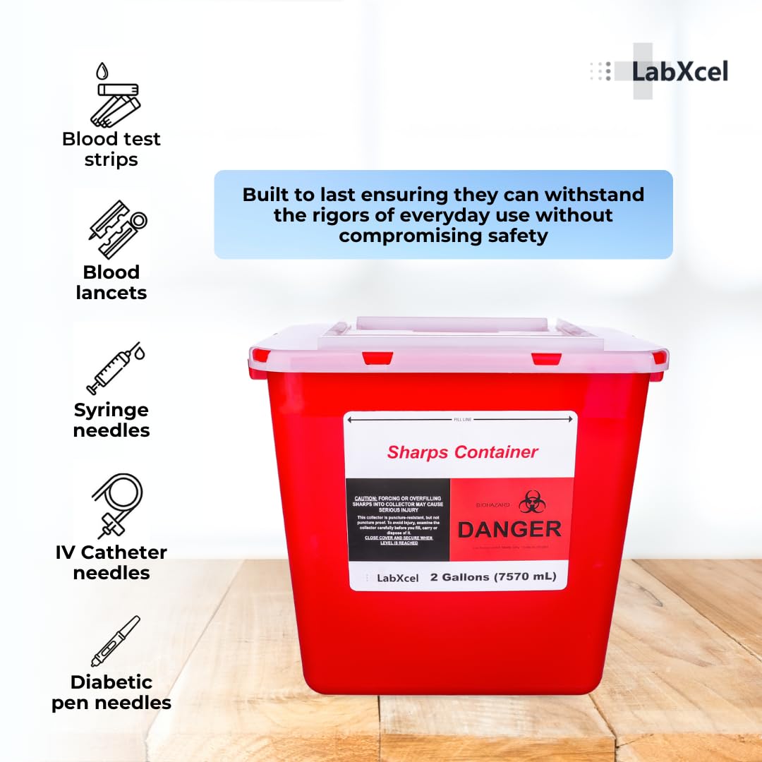 LabXcel Sharps Container leak-proof design minimizes spills and exposure.