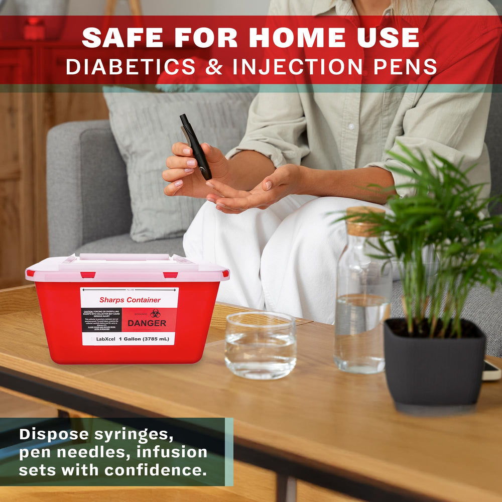 LabXcel translucent sliding lid on sharps bin enables easy fill-level monitoring.