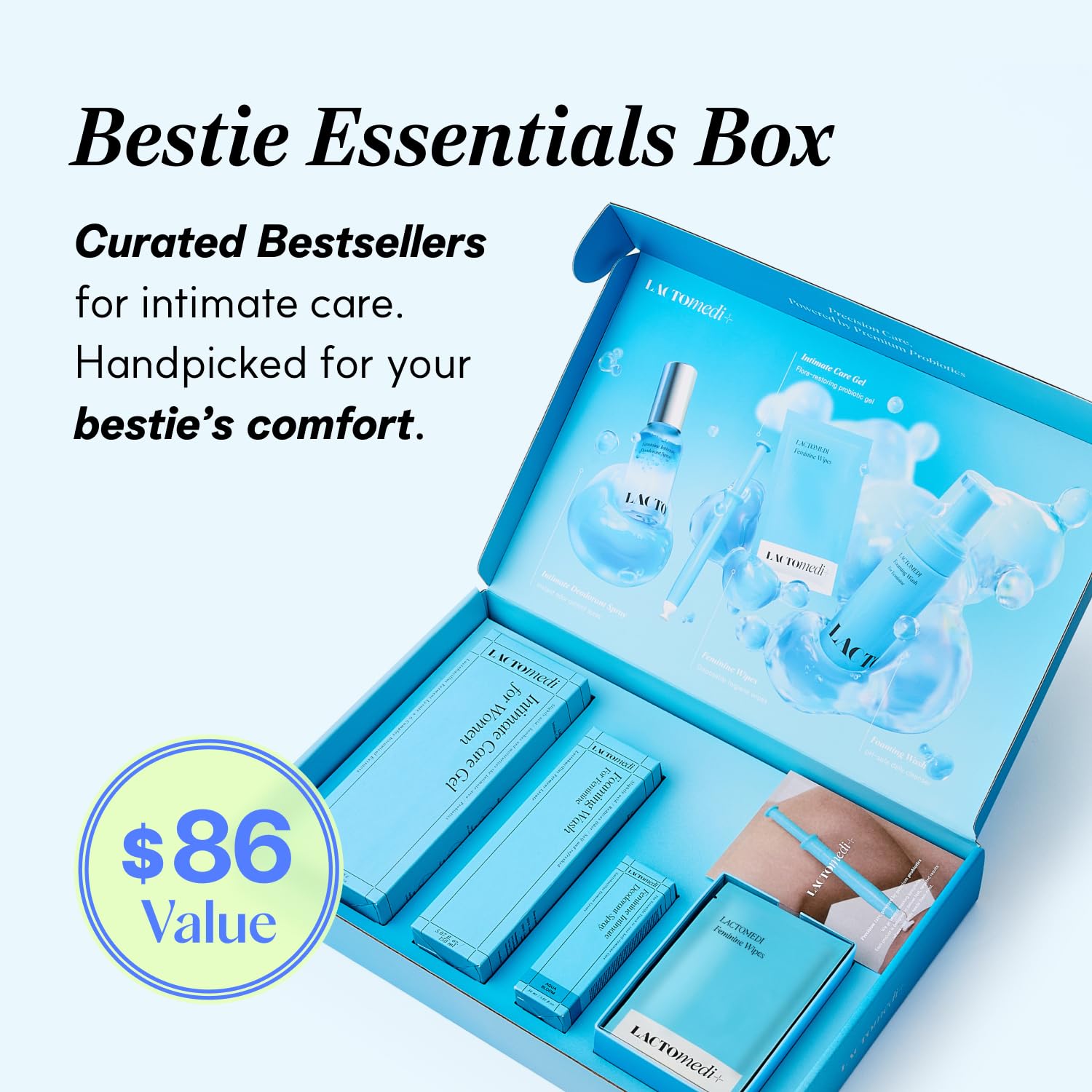 LACTOMEDI Bestie Box probiotic-infused foaming wash supports gentle balance.