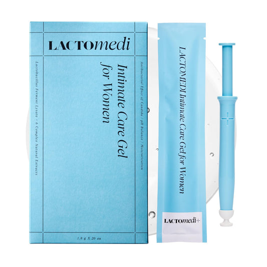 LACTOMEDI Intimate Care Gel bottle pour showing convenient at‑home use and pH support