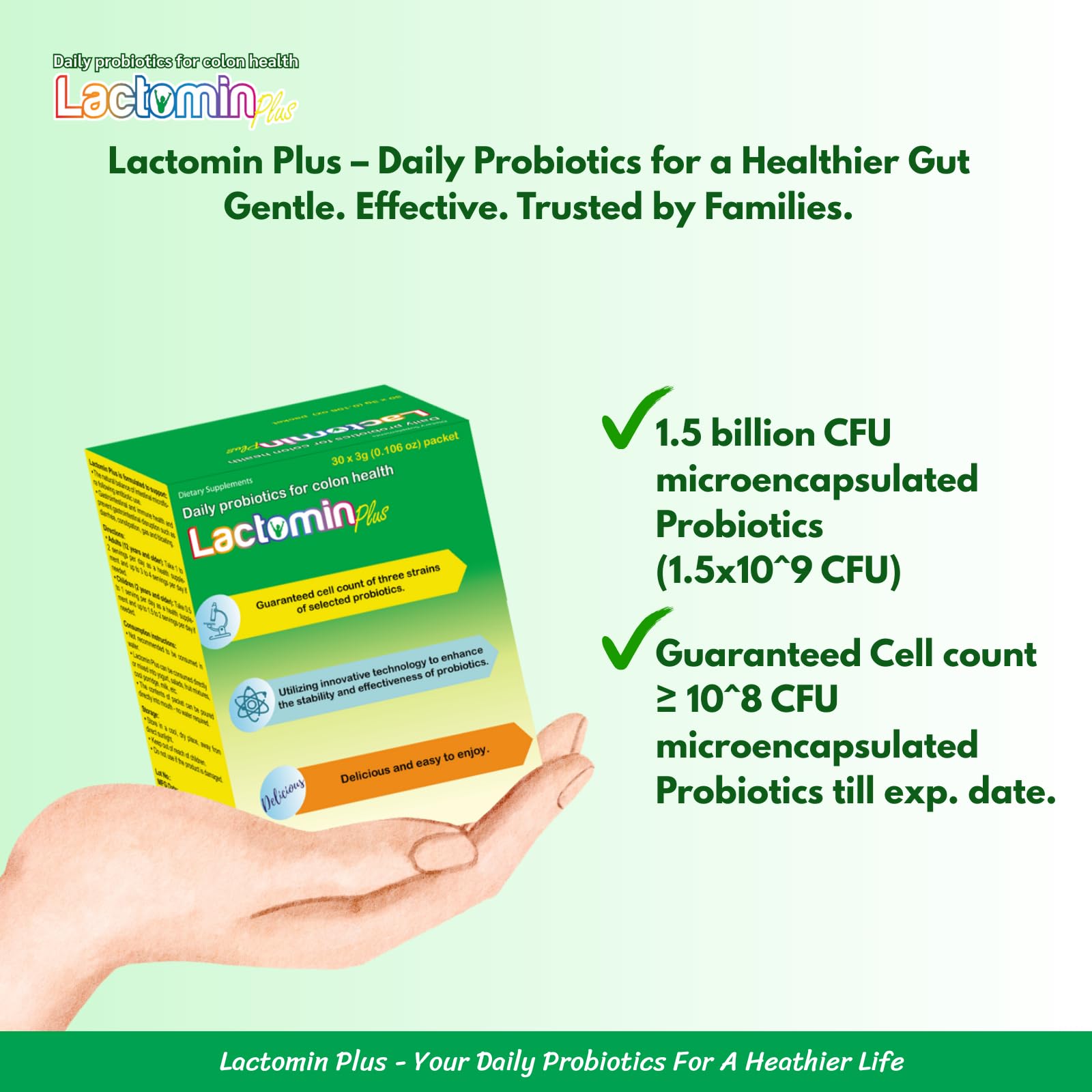 Lactomin Plus 30 sachets pack provides a full month of convenient daily use.