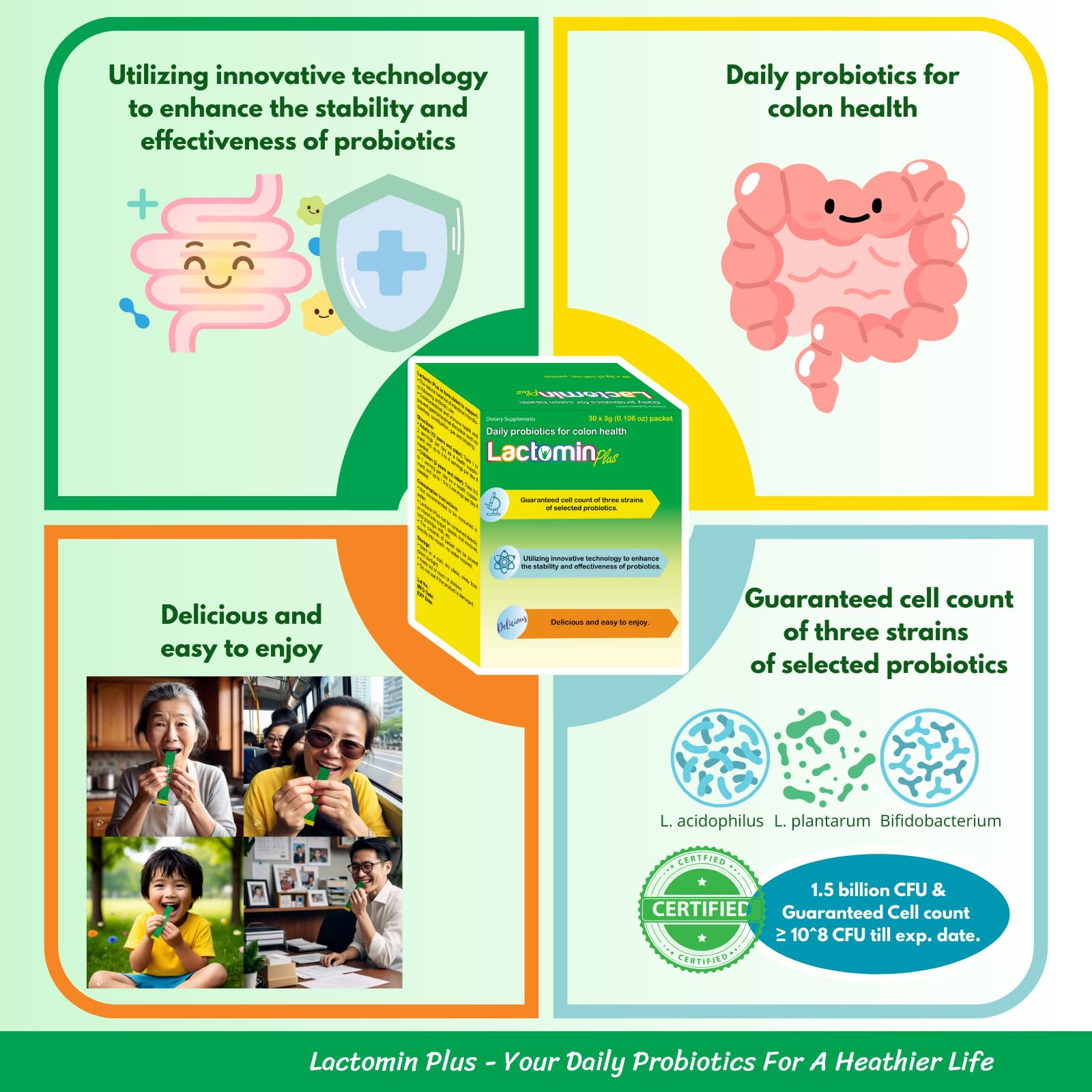 Lactomin Plus three-strain probiotic blend with prebiotic FOS supports gut balance.