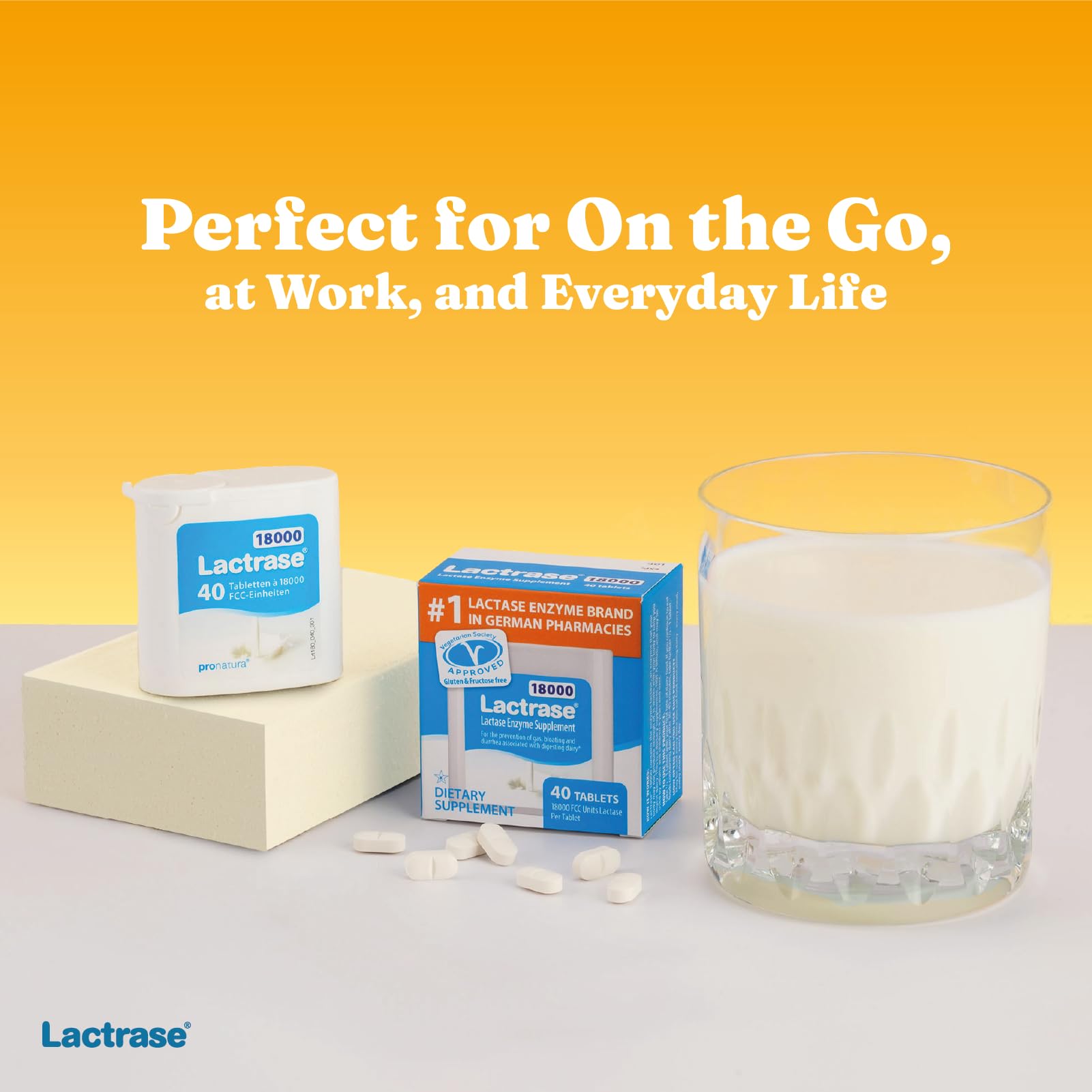 Lactrase 40-fast-acting pills pack emphasizes full bottle contents.