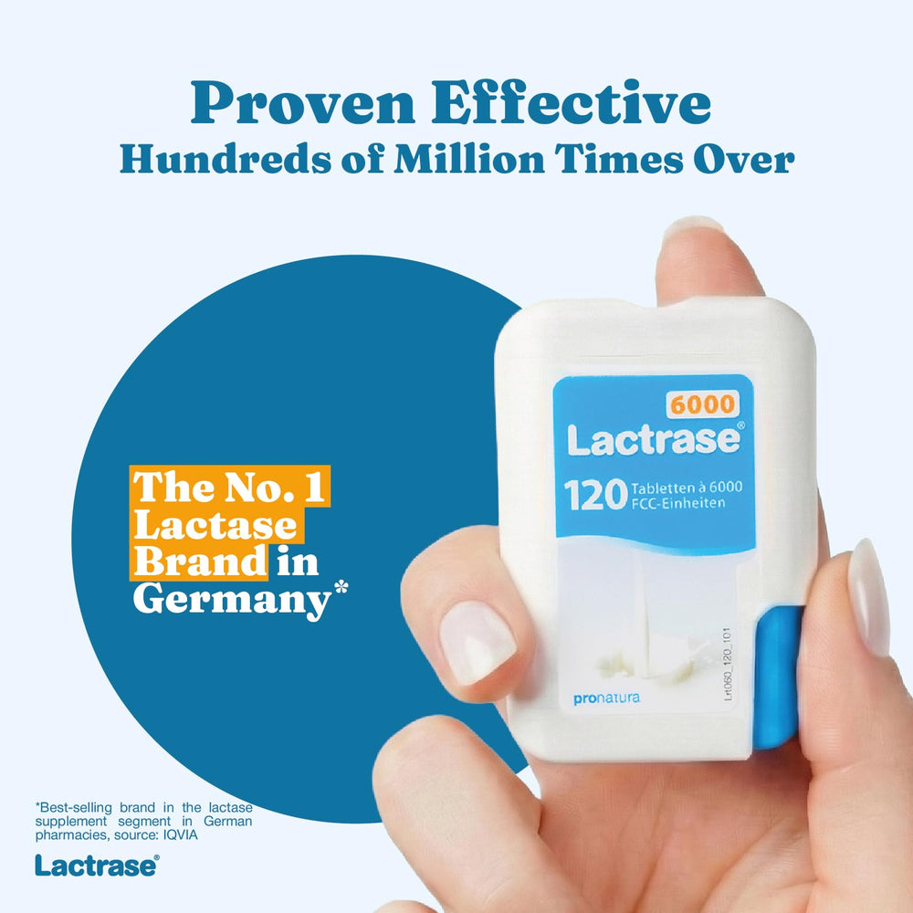 Lactrase 6,000 FCC lactase tablets for fast dairy digestion.