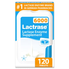 Lactrase dispenser with 120 mini-tablets for on-the-go dairy support.
